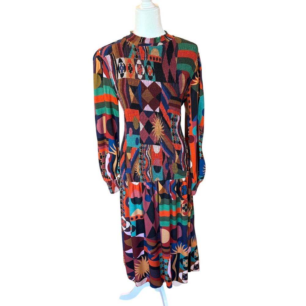 FARM Rio Tropical Shapes Smocked Midi Dress Multi Color Medium - Picture 5 of 11